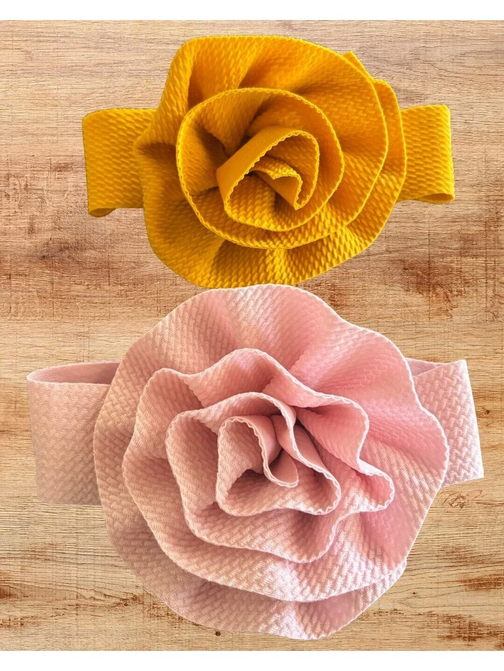 Baby Girl Flower Headband Set of 2 Pink & Mustard Stretch Hair Bows
